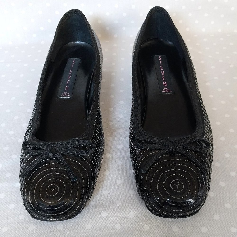 Steven by Steve Madden Black Sequin Ballet Flat with Bow Detail on Toe